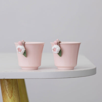 Handmade Set of 2 Porcelain Flower Tea Cups 60ml, Kung Fu Tea Cups