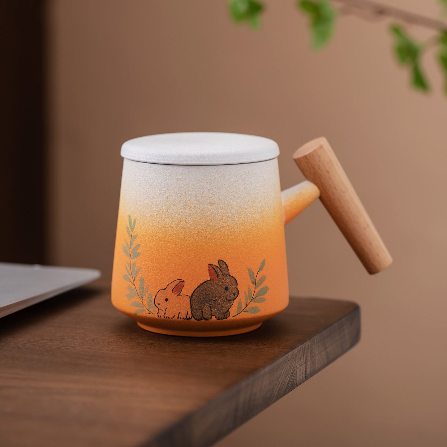 Hand-painted Cute Cat and Rabbit Coffee Cup with Wooden Handle