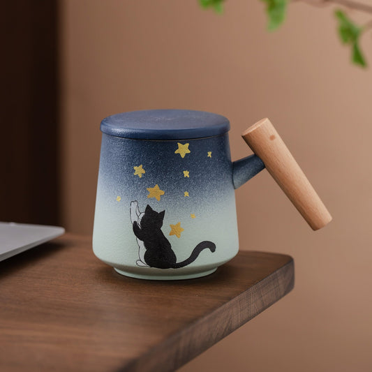 Hand-painted Cute Cat and Rabbit Coffee Cup with Wooden Handle