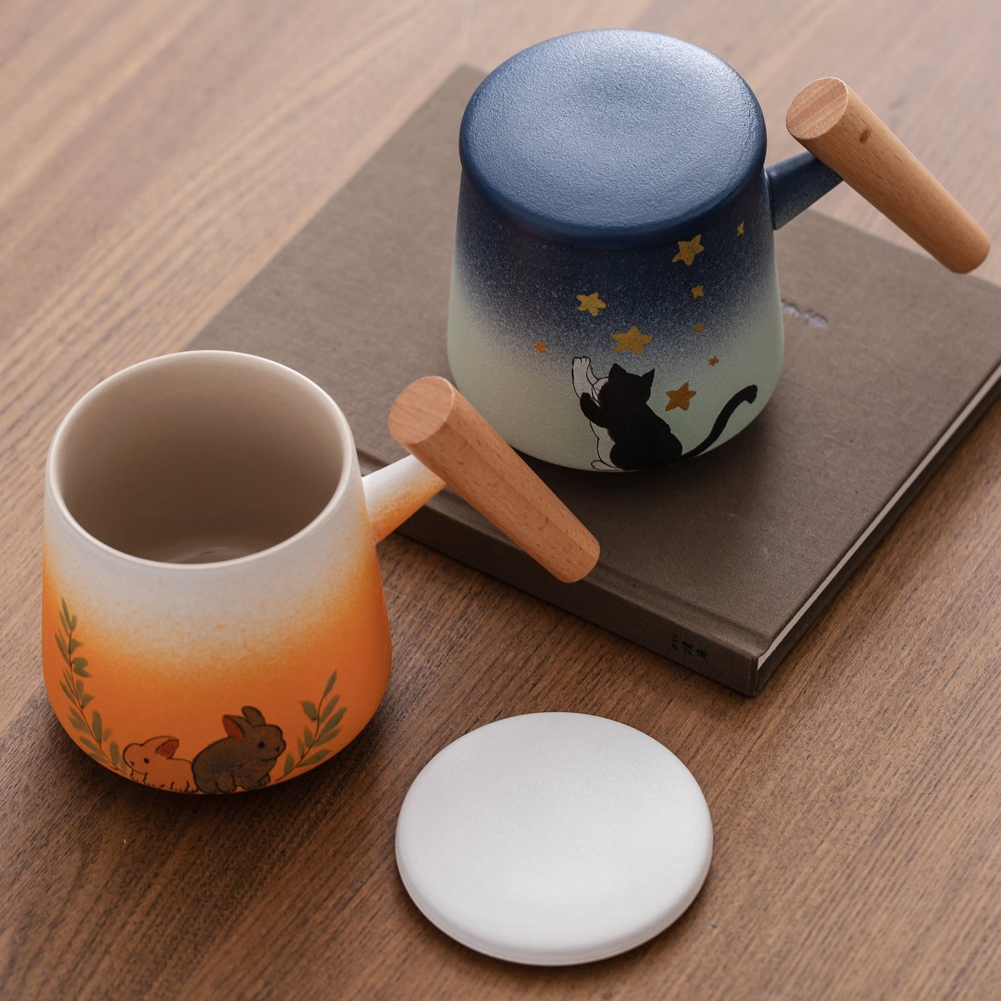 Hand-painted Cute Cat and Rabbit Coffee Cup with Wooden Handle