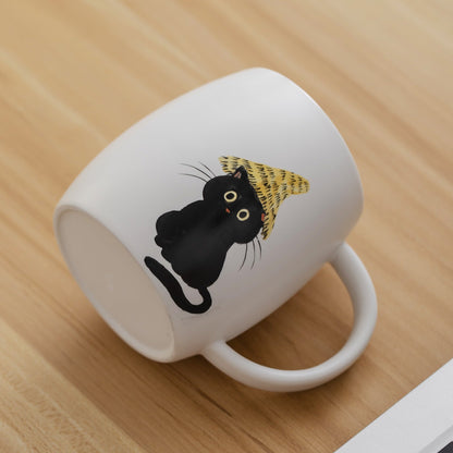 Hand Painted Black Cat in a Hat Coffee Mug Cat Cup 420 ML