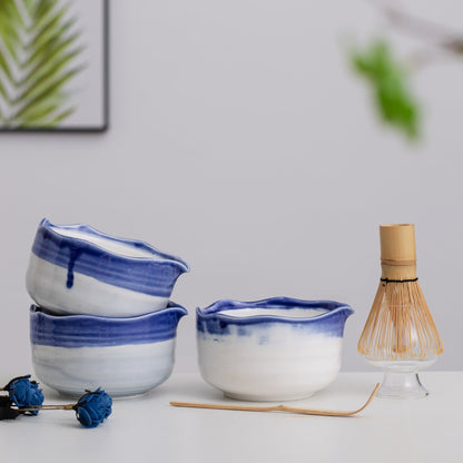 Hand Painted Blue Sea Ceramic Matcha Bowl Set with Mushroom Chasen Holder | Bamboo Whisk | Bamboo Scoop