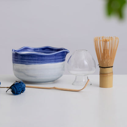 Hand Painted Blue Sea Ceramic Matcha Bowl Set with Mushroom Chasen Holder | Bamboo Whisk | Bamboo Scoop