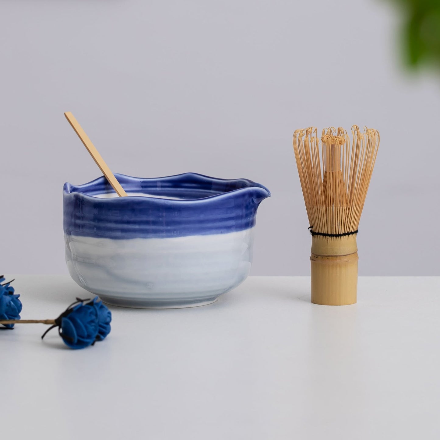 Hand Painted Blue Sea Ceramic Matcha Bowl Set with Mushroom Chasen Holder | Bamboo Whisk | Bamboo Scoop