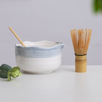 Handmade Grey Mountain Ceramic Matcha Bowl with Mushroom Chasen Holder, Matcha Tea Ceremony Set