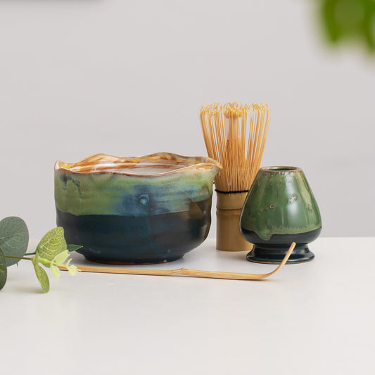 Hand-painted Vintage Ceramic Matcha Bowl with Spout with Bamboo Whisk and Chasen Holder Matcha Set