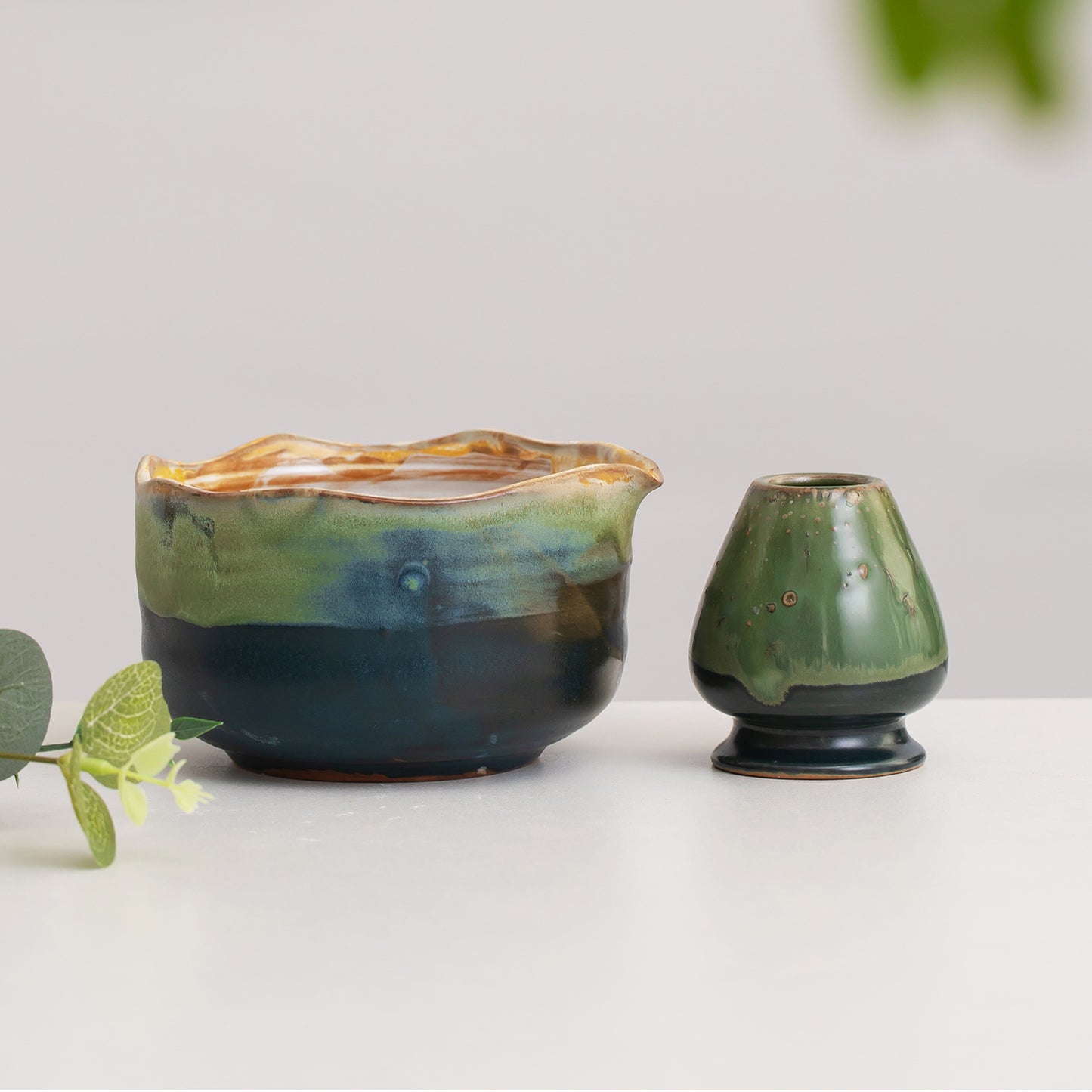 Hand-painted Vintage Ceramic Matcha Bowl with Spout with Bamboo Whisk and Chasen Holder Matcha Set