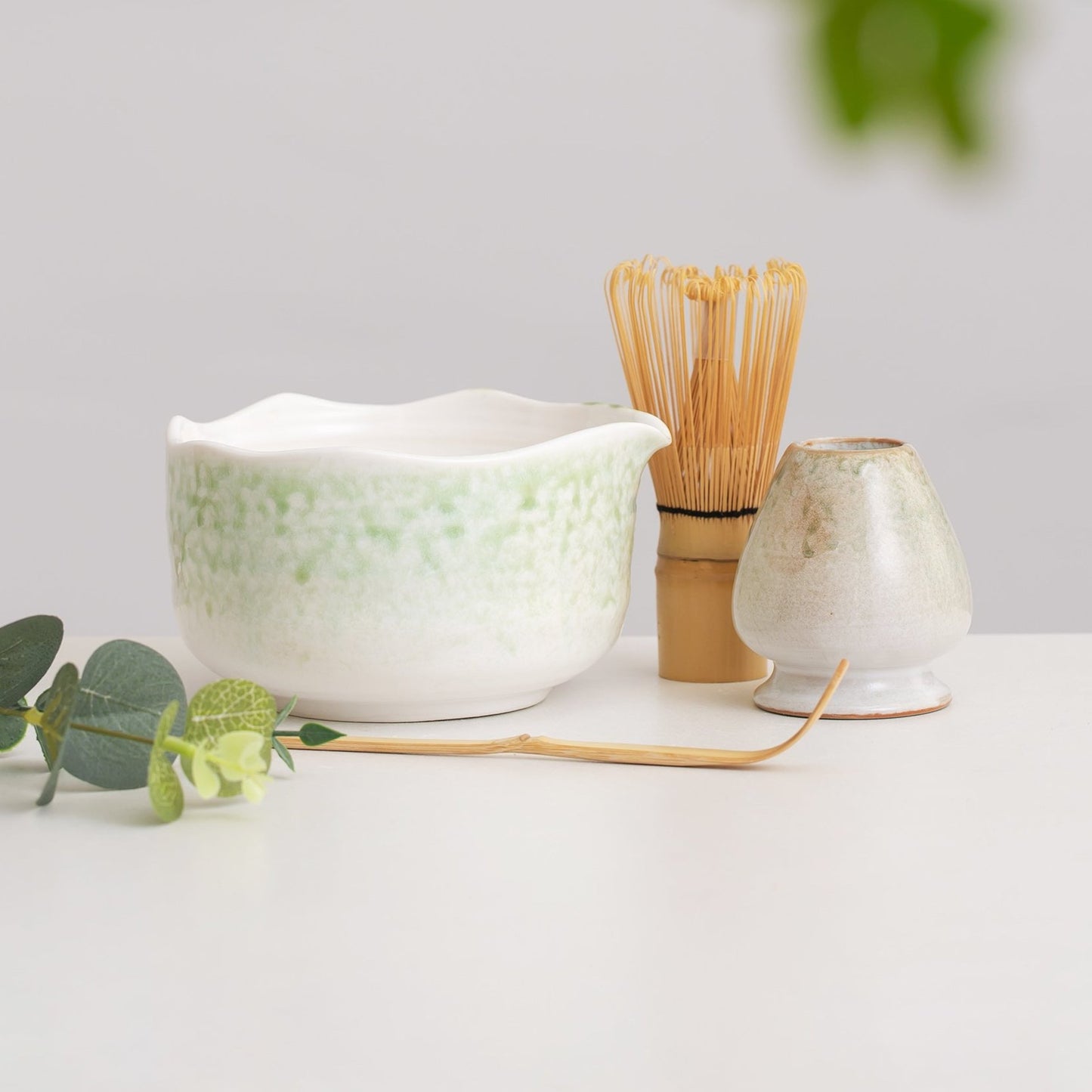 Handmade Mottled Green Matcha Bowl with Spout, Matcha Gift Set, Bamboo Whisk (100 Prongs Chasen) | Chasen Holder