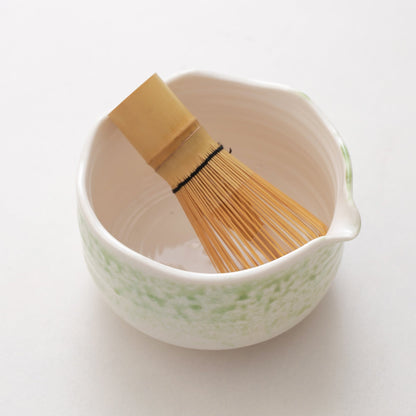 Handmade Mottled Green Matcha Bowl with Spout, Matcha Gift Set, Bamboo Whisk (100 Prongs Chasen) | Chasen Holder