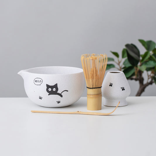 Hand Painted Cute Little Black Cat Matcha Set, Matcha Bowl Set with Kitty Hello, Matcha Gift Set, Birthday gifts