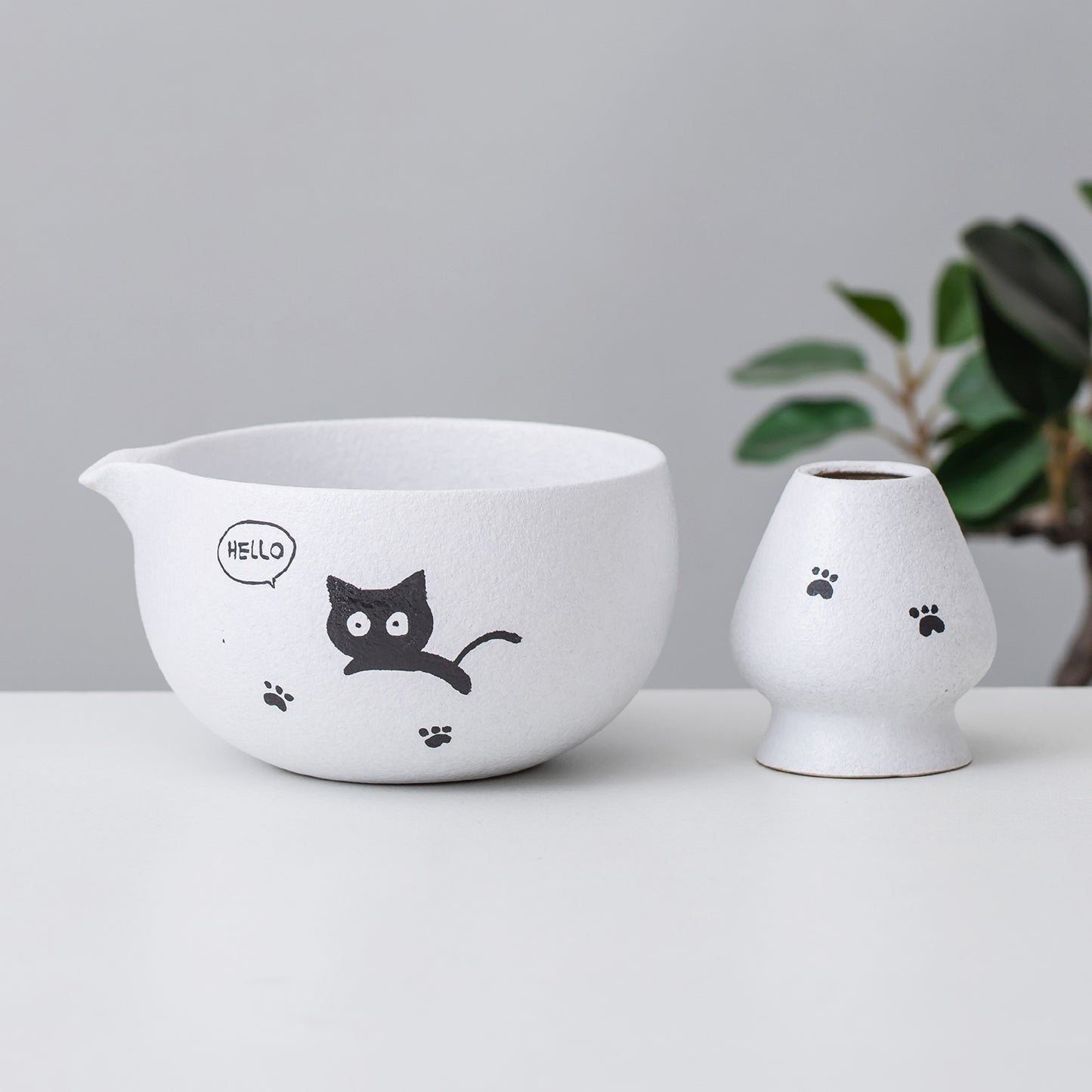 Hand Painted Cute Little Black Cat Matcha Set, Matcha Bowl Set with Kitty Hello, Matcha Gift Set, Birthday gifts