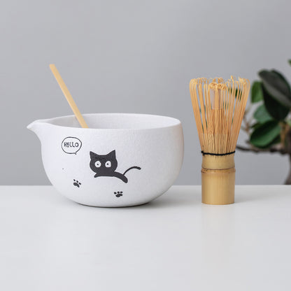 Hand Painted Cute Little Black Cat Matcha Set, Matcha Bowl Set with Kitty Hello, Matcha Gift Set, Birthday gifts