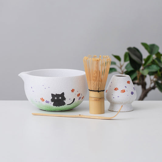 Hand Painted Cute Black Cat and Flower Matcha Bowl Set with Bamboo Whisk and Chasen Holder, Matcha Gift Set, Housewarming gift