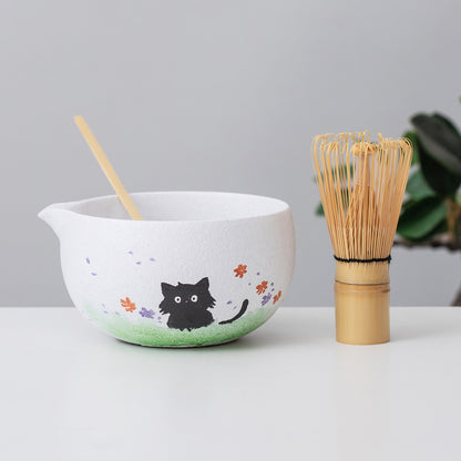 Hand Painted Cute Black Cat and Flower Matcha Bowl Set with Bamboo Whisk and Chasen Holder, Matcha Gift Set, Housewarming gift