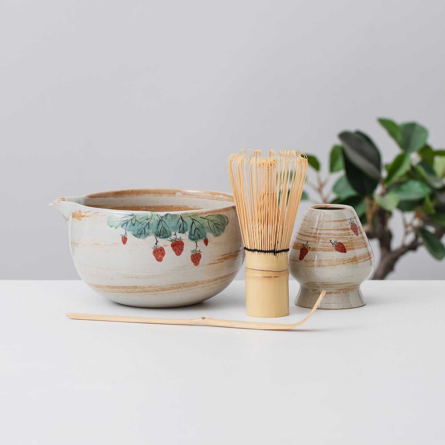 Hand Painted Strawberry Ceramic Matcha Set, Matcha Bowl Set with Spout, Bamboo Whisk | Chasen Holder, Matcha Gift Set