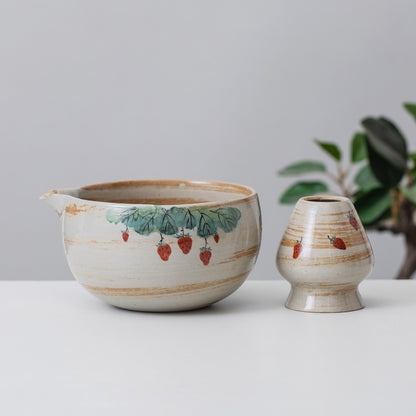 Hand Painted Strawberry Ceramic Matcha Set, Matcha Bowl Set with Spout, Bamboo Whisk | Chasen Holder, Matcha Gift Set