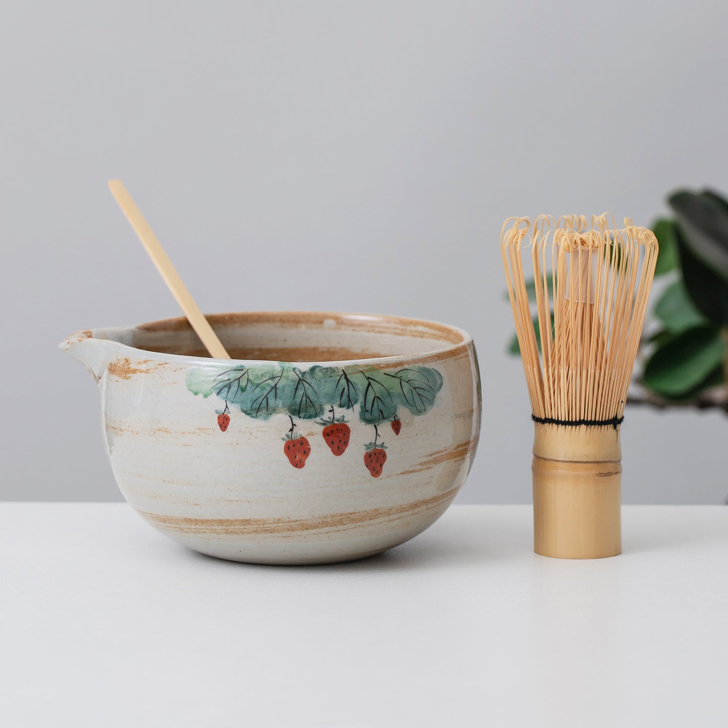 Hand Painted Strawberry Ceramic Matcha Set, Matcha Bowl Set with Spout, Bamboo Whisk | Chasen Holder, Matcha Gift Set