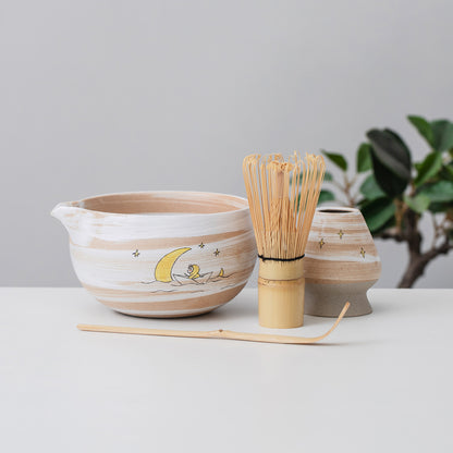 Hand Painted Dreaming on the Starry River Matcha Bowl with Spout, Kid Fly to the Moon Matcha Gift Set, Birthday Gifts