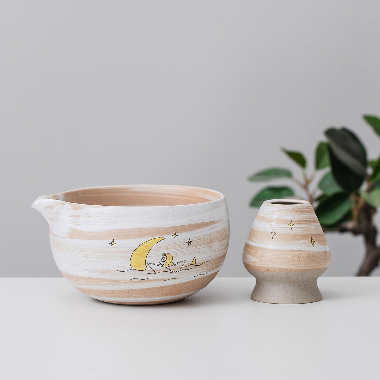 Hand Painted Dreaming on the Starry River Matcha Bowl with Spout, Kid Fly to the Moon Matcha Gift Set, Birthday Gifts