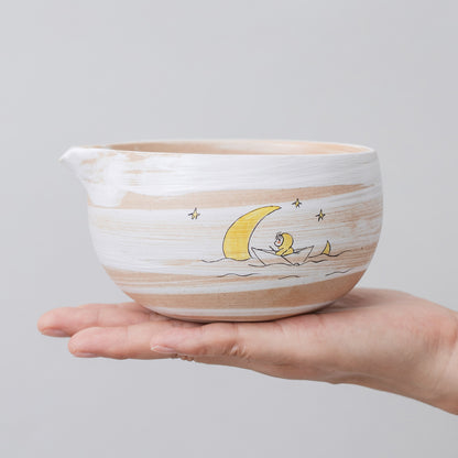 Hand Painted Dreaming on the Starry River Matcha Bowl with Spout, Kid Fly to the Moon Matcha Gift Set, Birthday Gifts